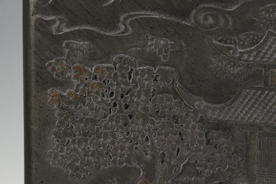 中国美術 文房具 端渓 硯 刻 庭園 箱付(K-LC730)