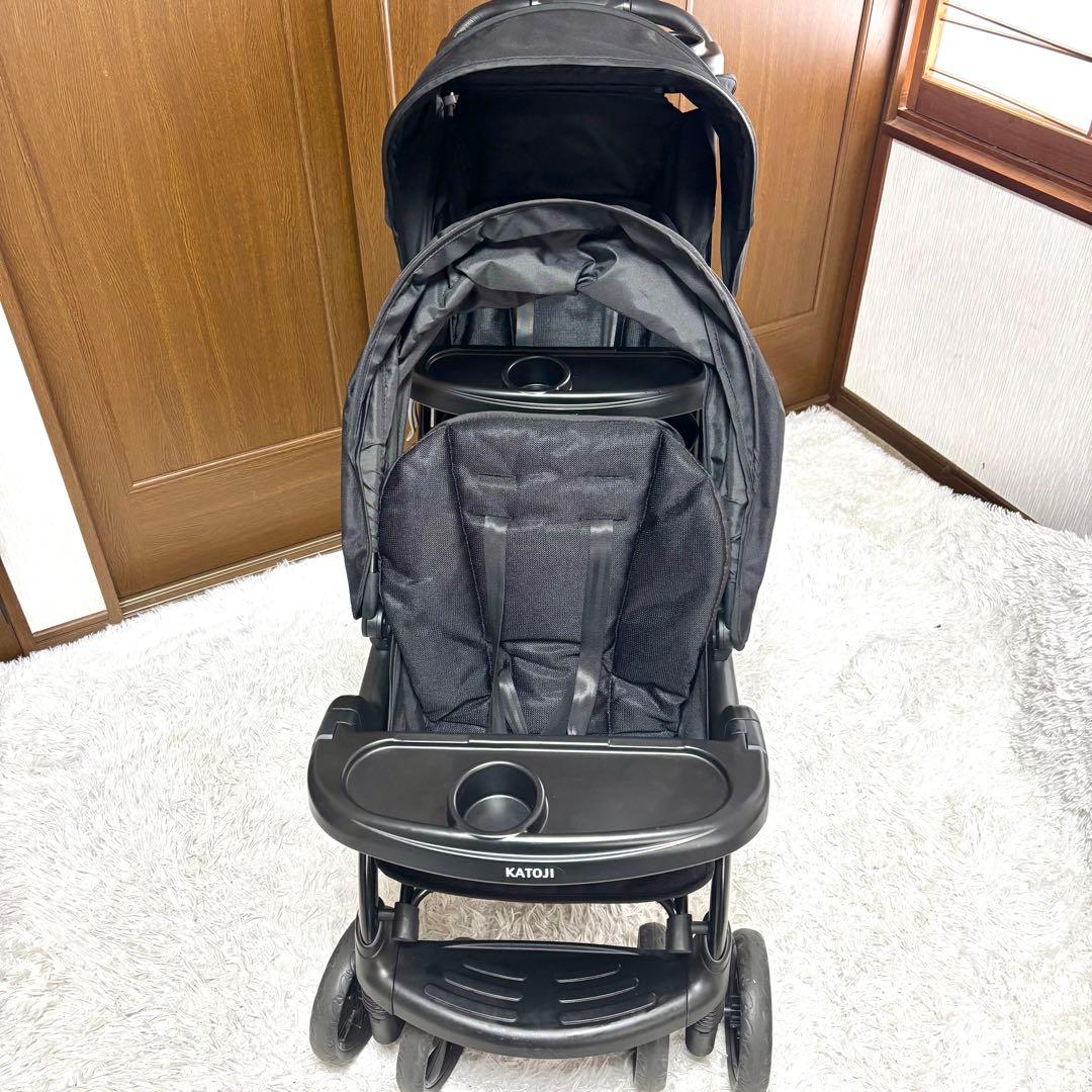 ✨極美品✨KATOJIベビーカー 二人でゴーDX　ブラック黒　レインカバー付き