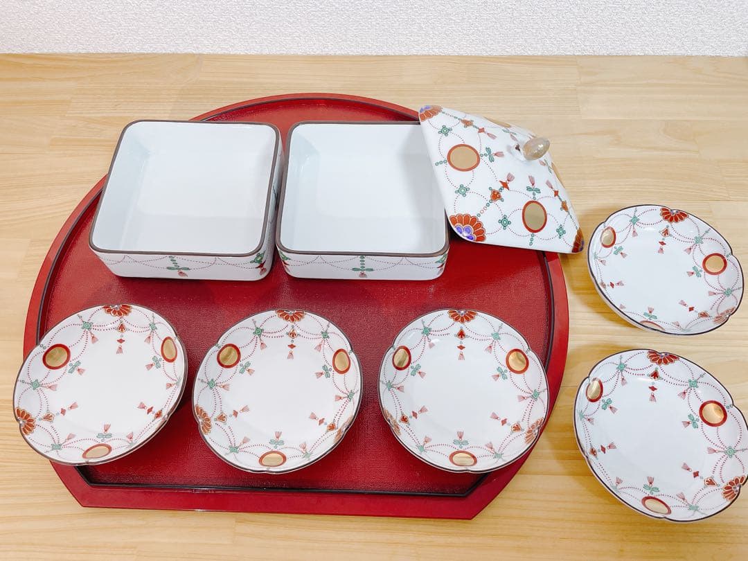 Jerry其泉窯 角二段重 錦日輪赤玉瓔珞文 小皿 錦日輪赤玉瓔珞文