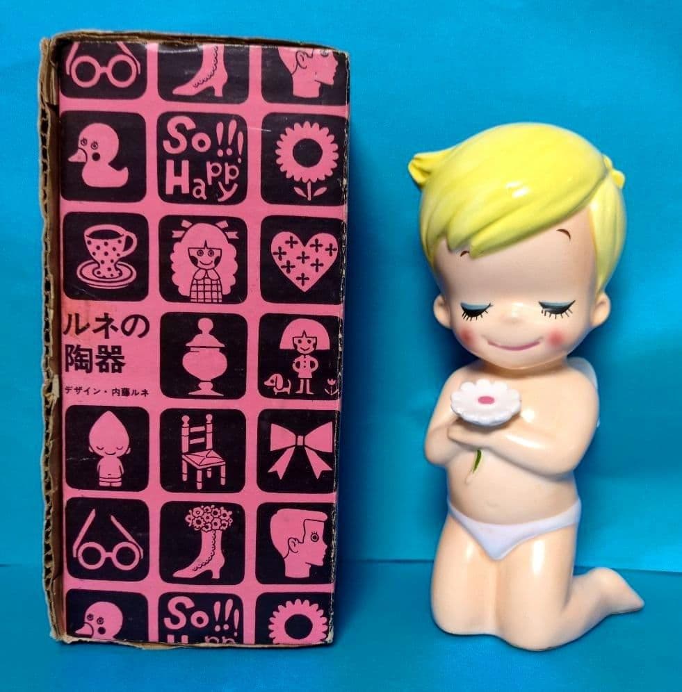 希少1960年代内藤ルネDesigお花を持ったちびっこ天使【外箱あり】