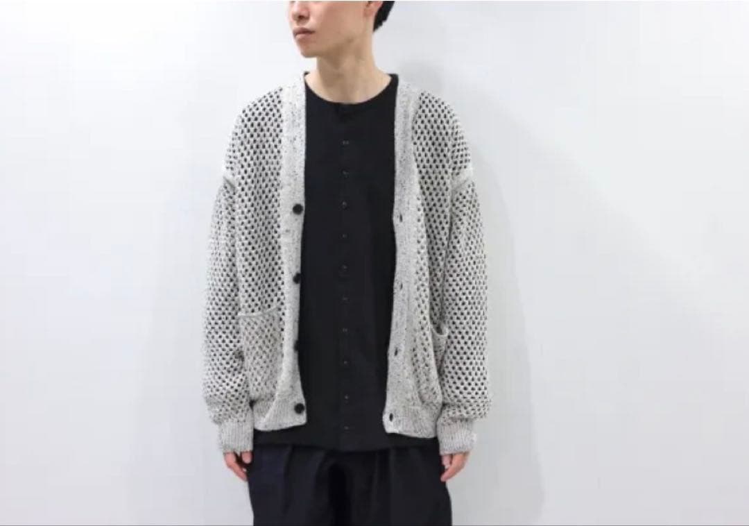【美品】YOKE MESHED KNIT CARDIGAN(FOG WHITE)