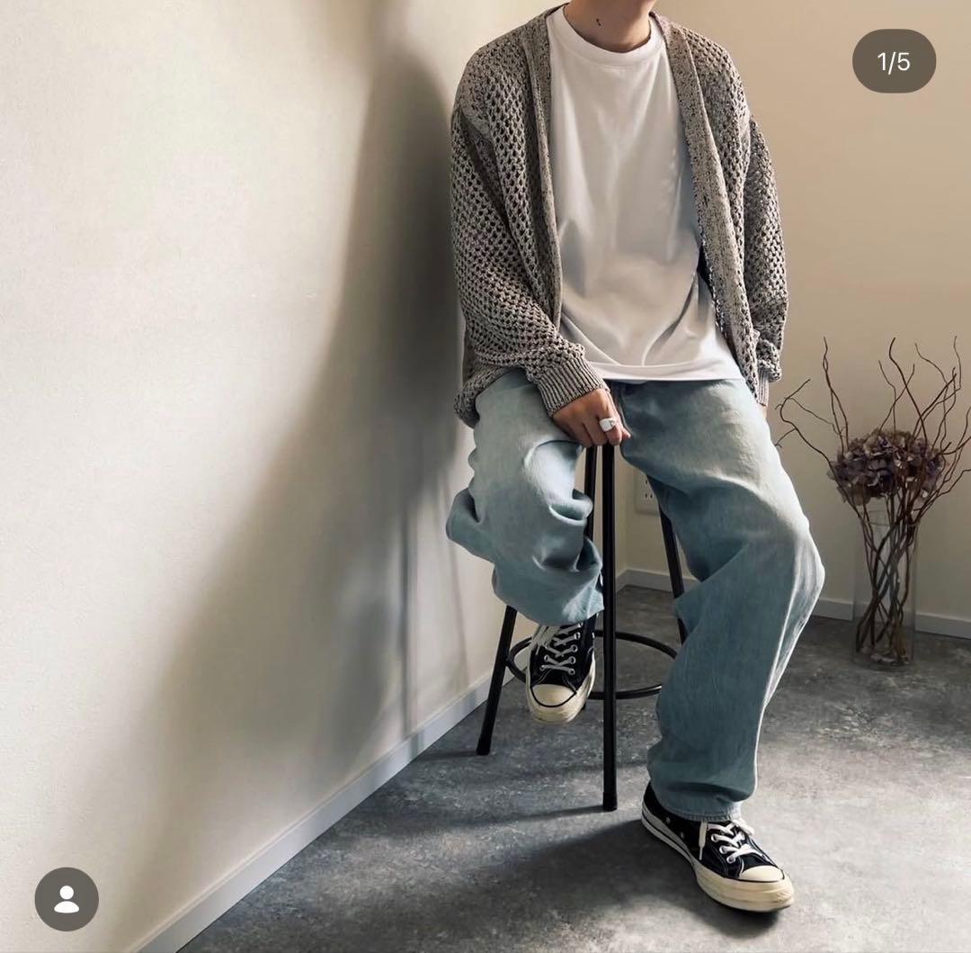 【美品】YOKE MESHED KNIT CARDIGAN(FOG WHITE)