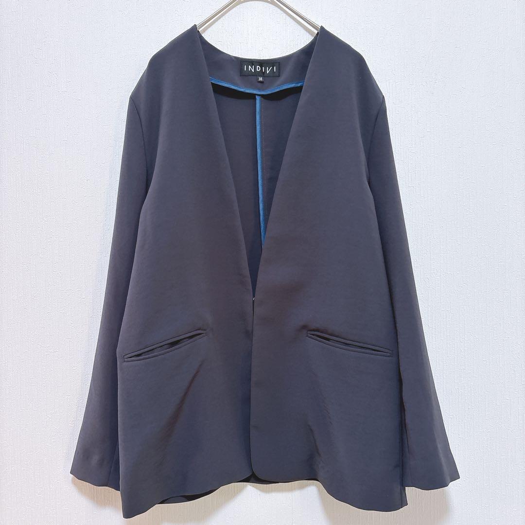 【インディヴィ】ノーカラー ストレッチ パンツスーツ テーパード ビジネス M