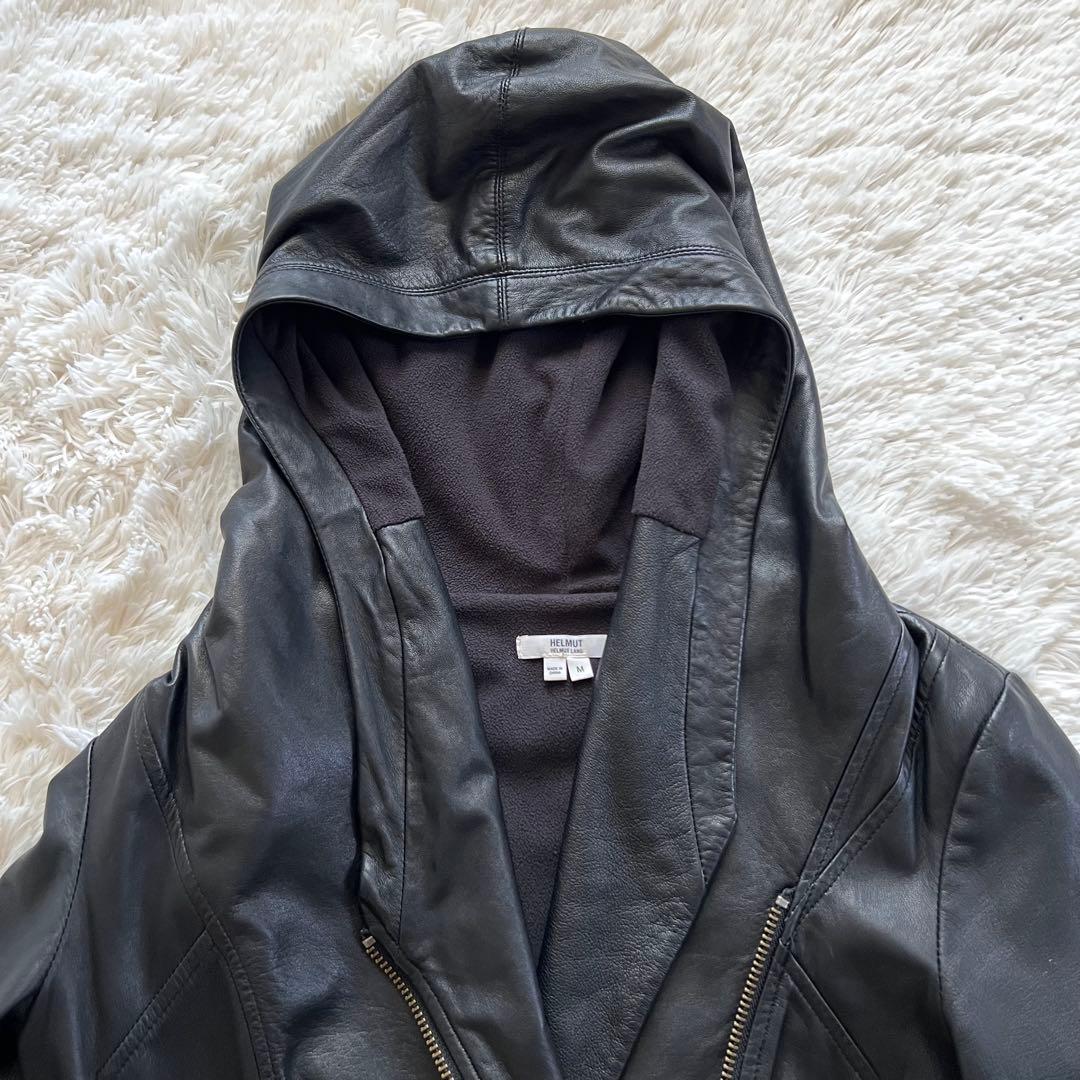Helmand 高級フード付きブラックレザージャケットラムレザーアシメントリー