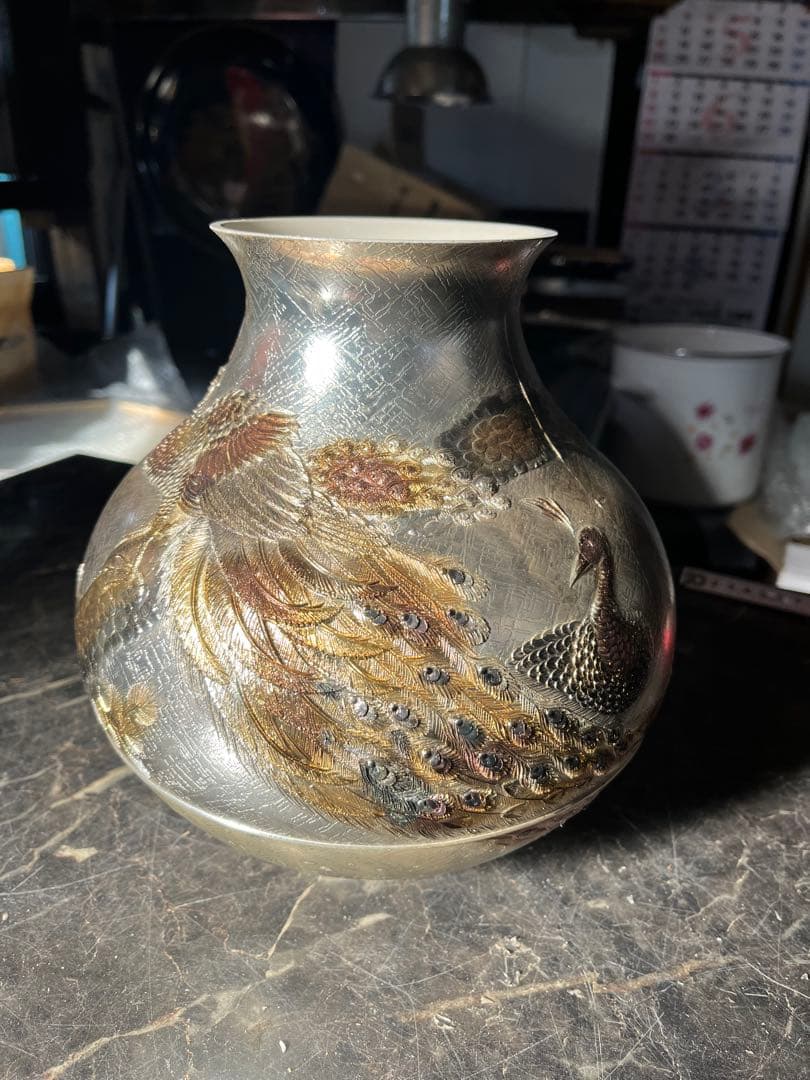 銀製花瓶、花瓶銀仕上げ、銀仕上げ花瓶、3.7キロ、鳳凰銀花瓶、金銀仕上げ花瓶