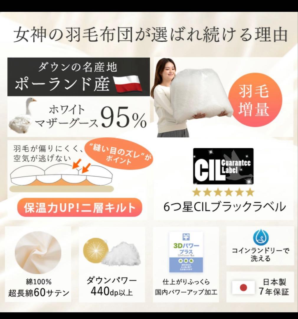 女神の羽毛 ダブルロング ポーランド産 95%最高級ダウン 超増量タイプ　掛布団
