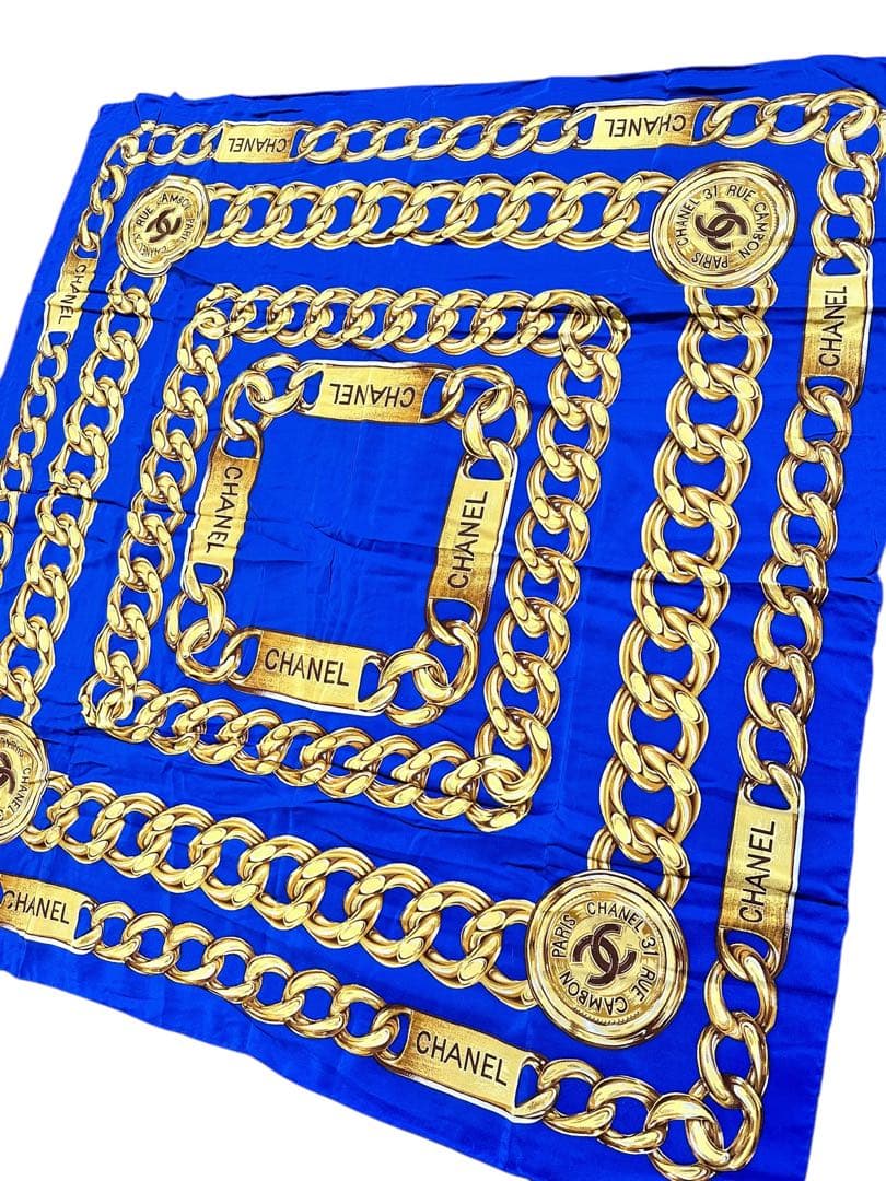 正規品 美品 CHANEL シャネル チェーン 大判スカーフ ブルー