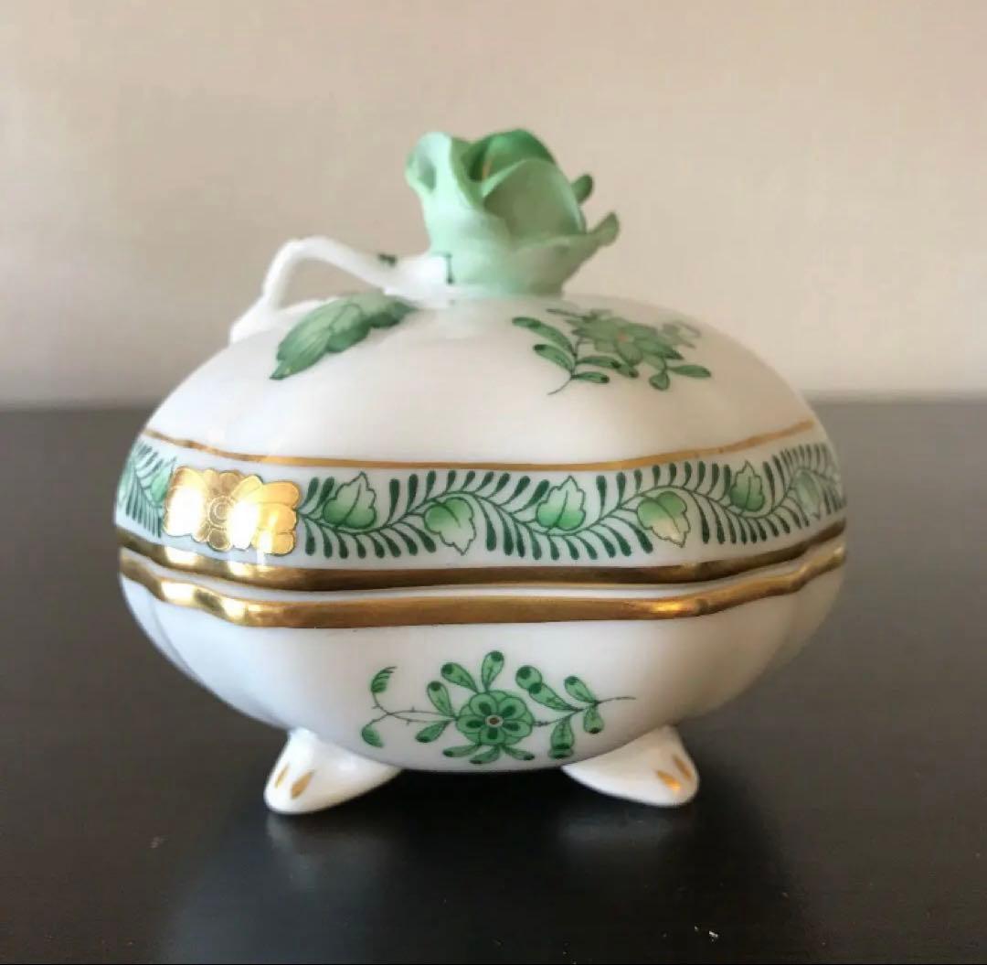 ヘレンド アポニーグリーン 小物入れ HEREND グリーンのバラ 蓋付小物入