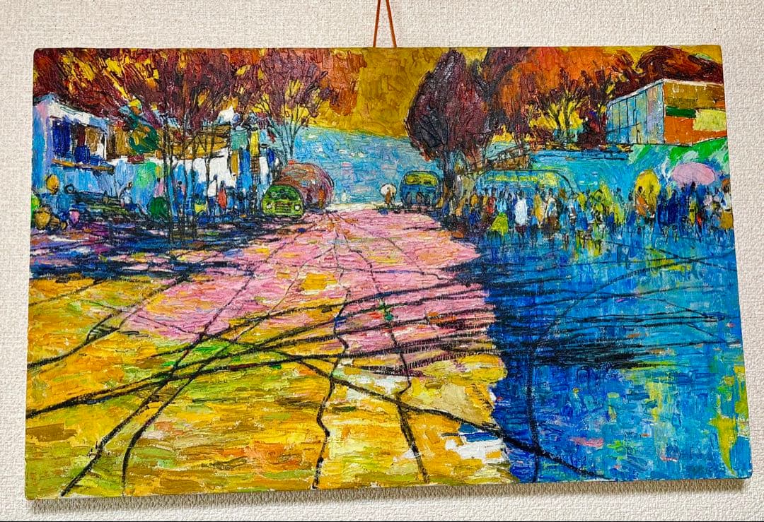 油彩画　秋の街風景