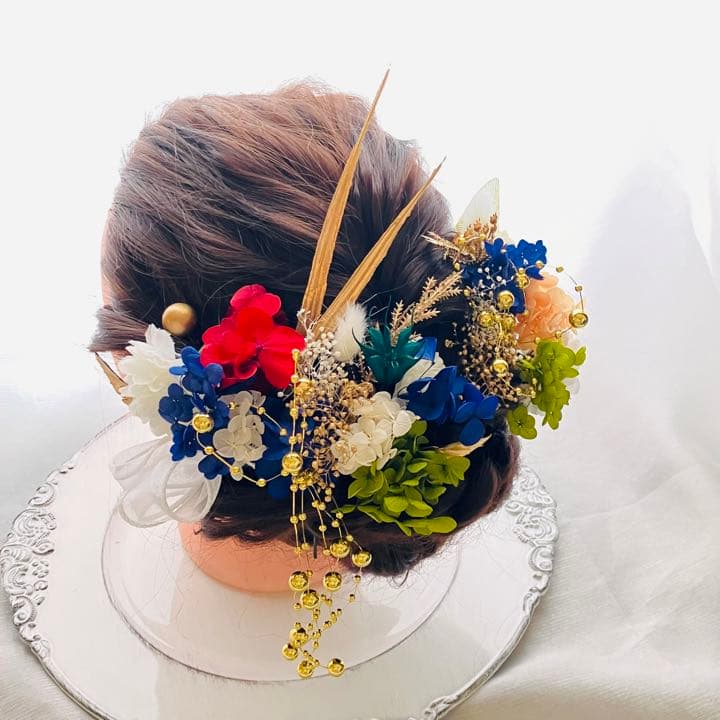 成人式髪飾り　結婚式髪飾り　パールチェーンタッセル　紫陽花水引　金箔　卒業式　袴