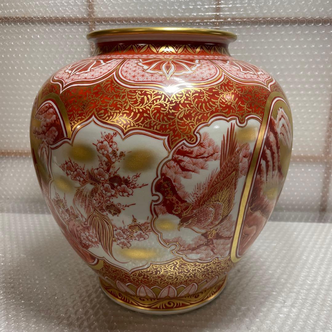 九谷焼 赤絵金彩 赤絵割取 大型 花瓶 花器 華道具