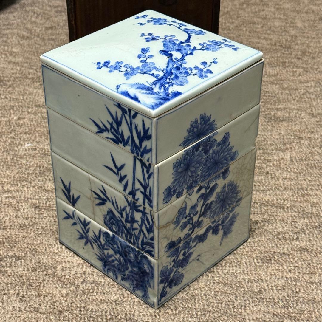 江戸期 亀山焼 染付 重箱 箱付