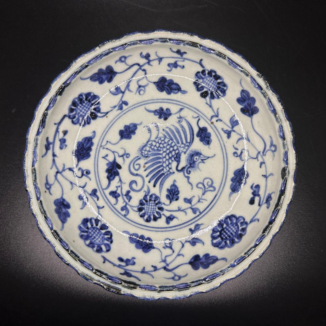 L112 青花手描き鳳着牡丹磁器皿