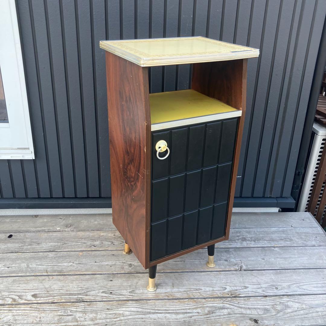 昭和レトロ 木製コンソールテーブル コールキャビネット レザー張り 電話台