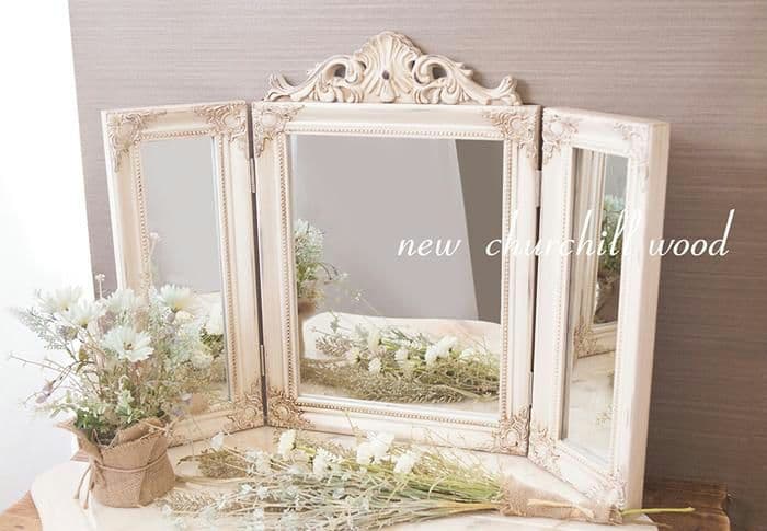 アンティーク調 ミラー 鏡 家具 プリンセスミラー ３面鏡 ホワイト