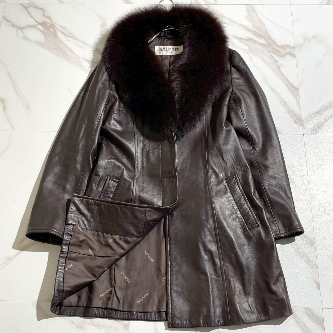 【美品✨】BALMAIN 2way レザーコート 羊革 フォックスファー 茶