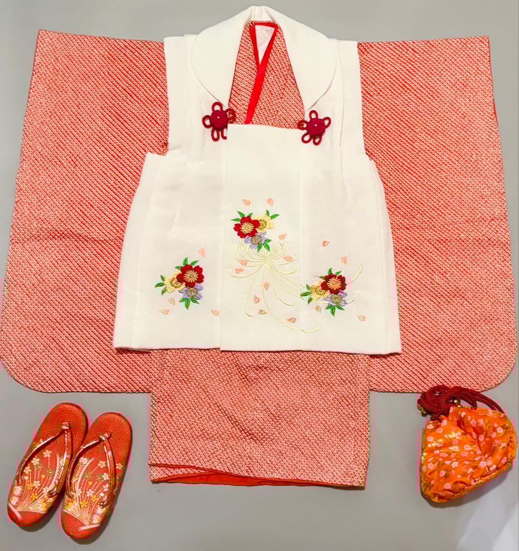 七五三　正絹　3歳　絞り　総絞り　被布　刺繍　一つ身　フルセット　朱色　オレンジ
