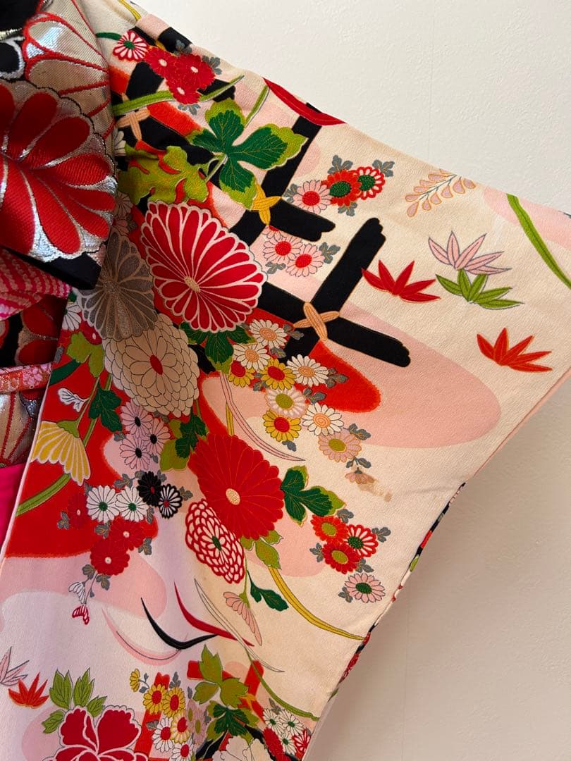 7歳七五三　ハーフ成人式 アンティーク正絹着物、帯揚げ、帯締め　しごき