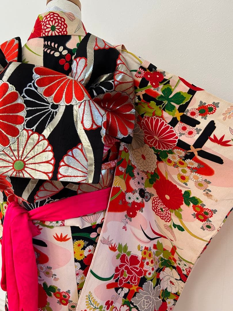 7歳七五三　ハーフ成人式 アンティーク正絹着物、帯揚げ、帯締め　しごき