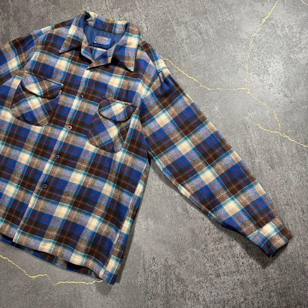 70sUSA製Pendletonペンドルトンボードシャツウールブルーブラウン古着