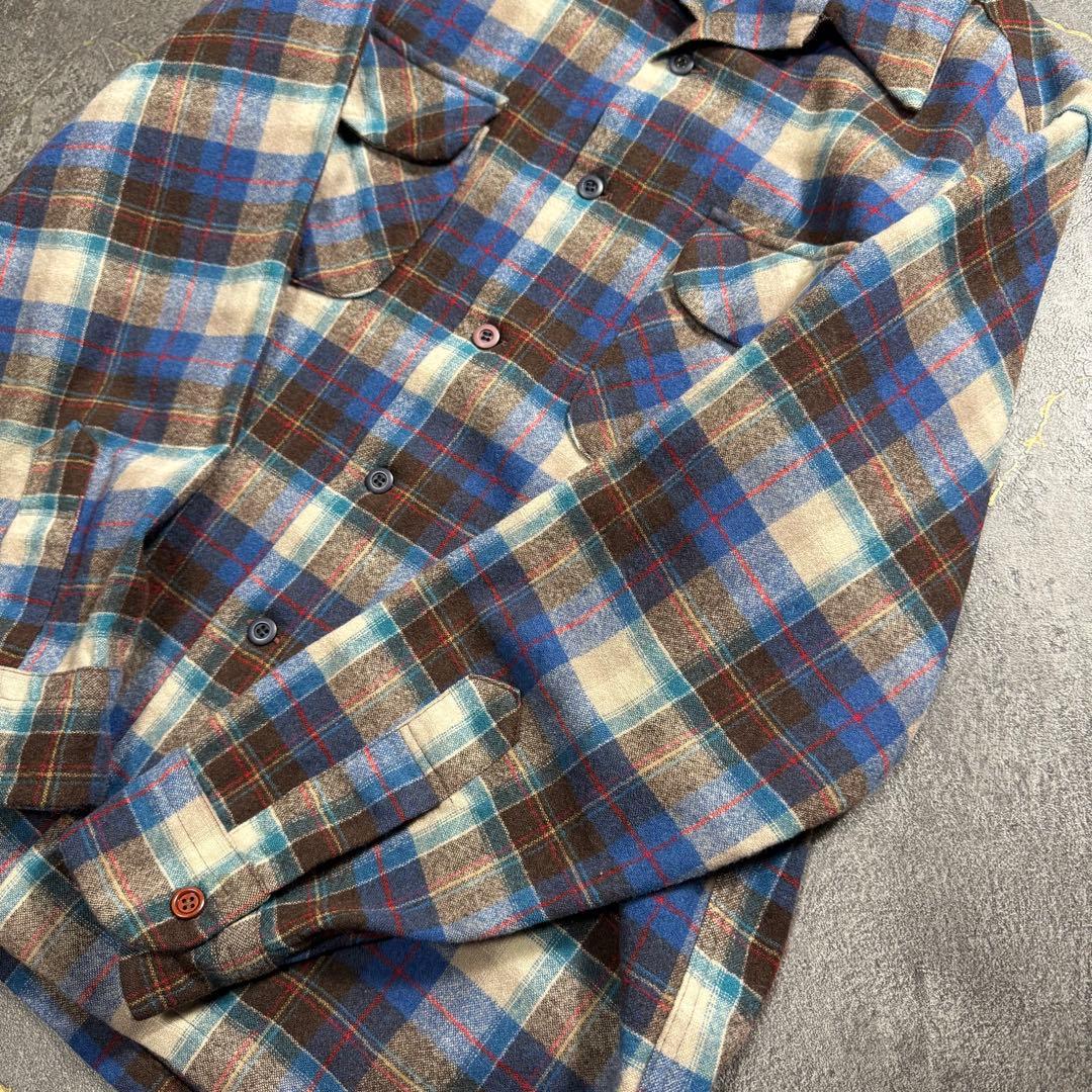 70sUSA製Pendletonペンドルトンボードシャツウールブルーブラウン古着