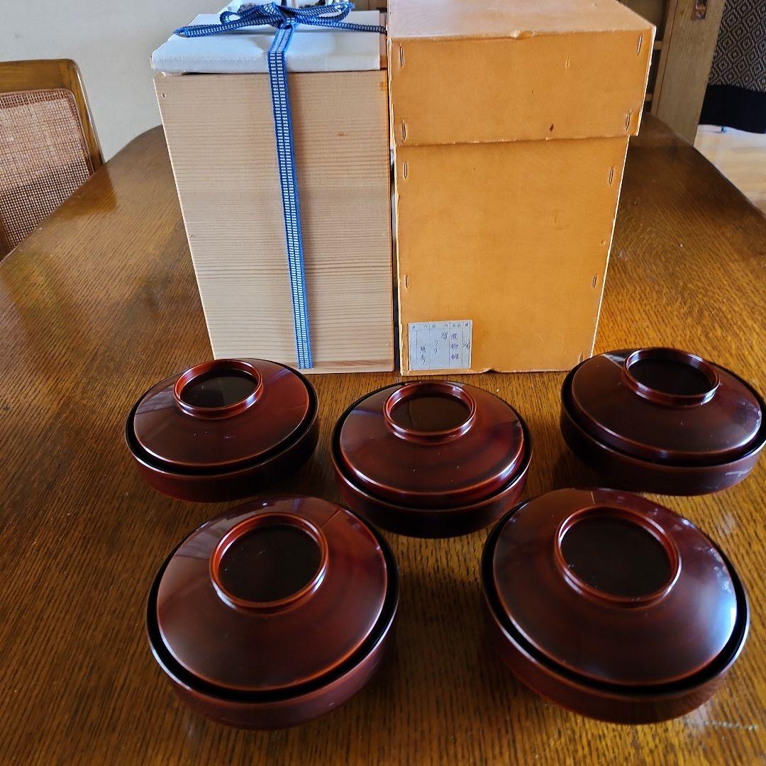 赤い木製蓋つき煮物椀5個セット