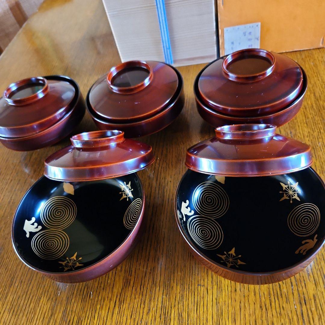 赤い木製蓋つき煮物椀5個セット