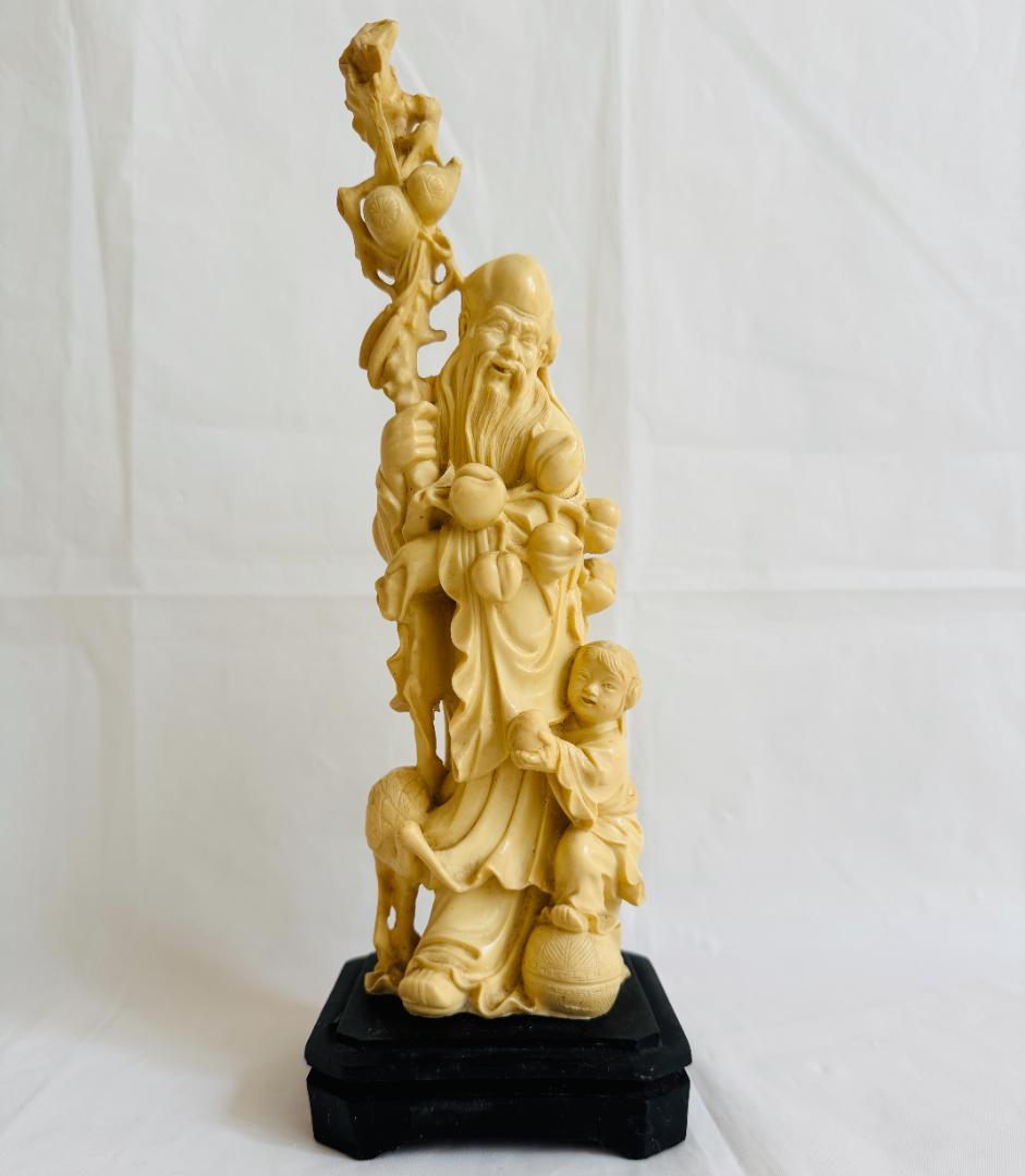 アンティーク調 樹脂製 彫刻 仙人像 寿老人 鶴 子供 桃 縁起物 インテリア