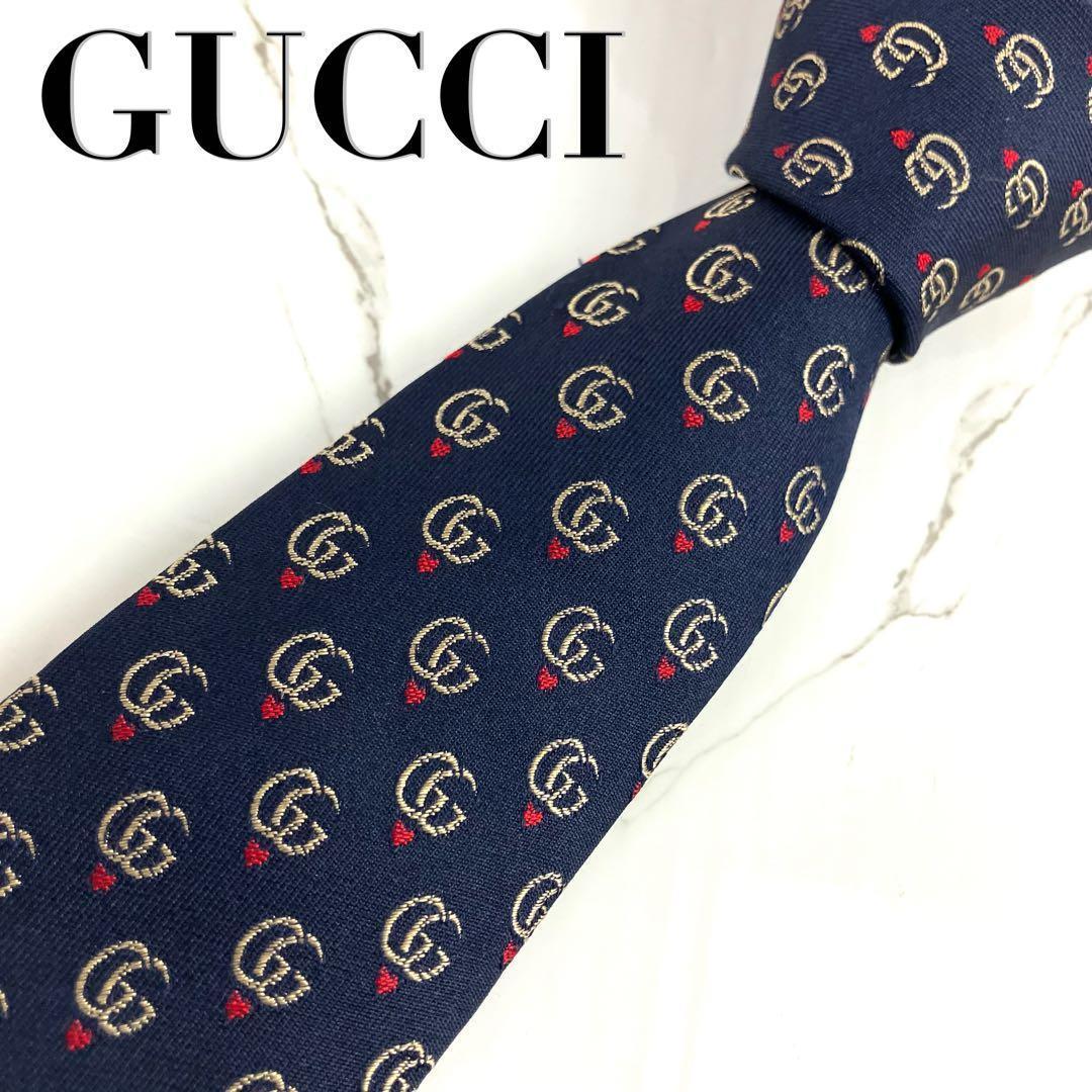 現行　グッチ　ネクタイ　GGマーモント　ダブルG ハート　ネイビー