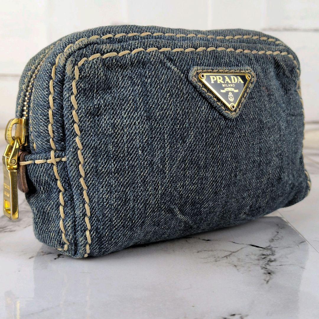 【美品】プラダ☆三角ロゴ　デニム　ゴールド　ミニポーチ　かわいい
