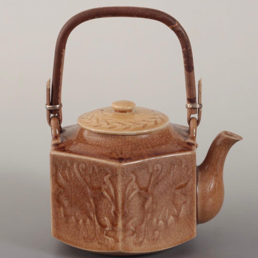 珉平焼 面取 飴釉 六角 急須 古道具 アンティーク 水注