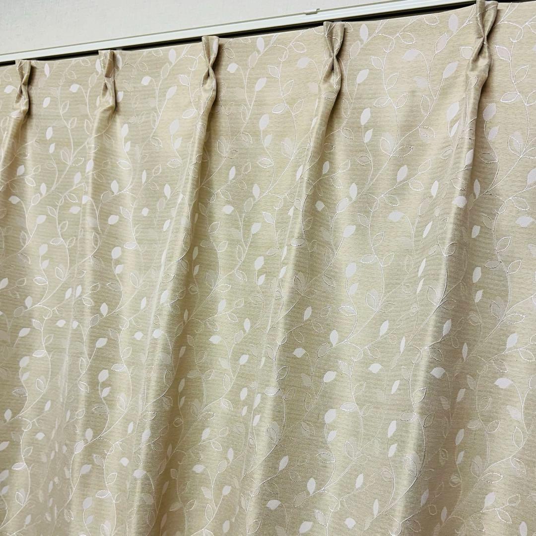 刺繍　カーテン　幅150cm×丈200cm2枚　 リーフ　イエロー