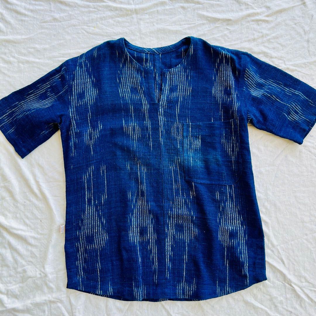 【未使用】うさとの服 usaato 藍染 絣 かすり 半袖 シャツ インディゴ