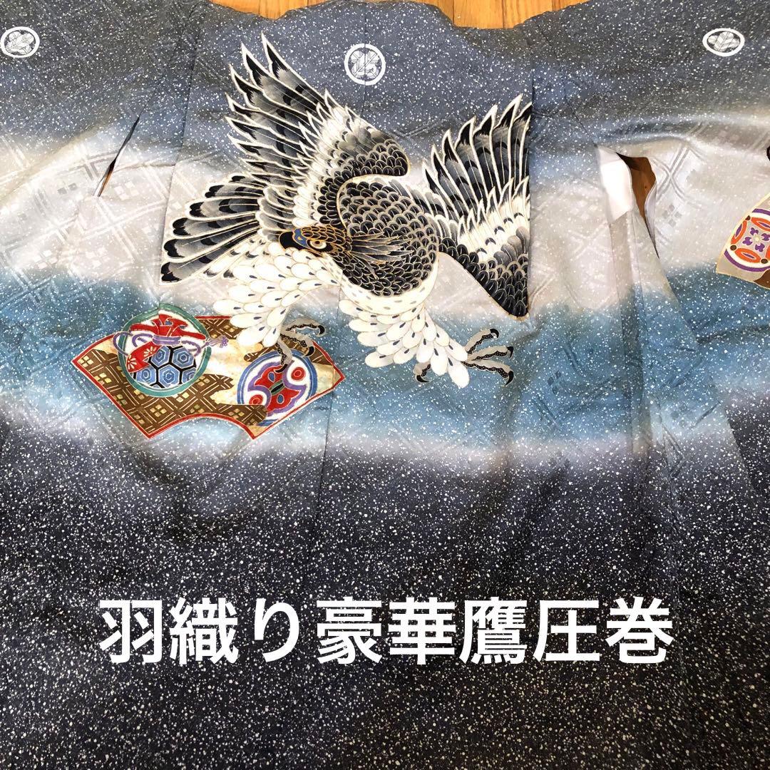 七五三 五歳‼️キッズモデル撮影一回美品淡い青系に鷹柄‼️ラメ暈し 完全フルセット‼️