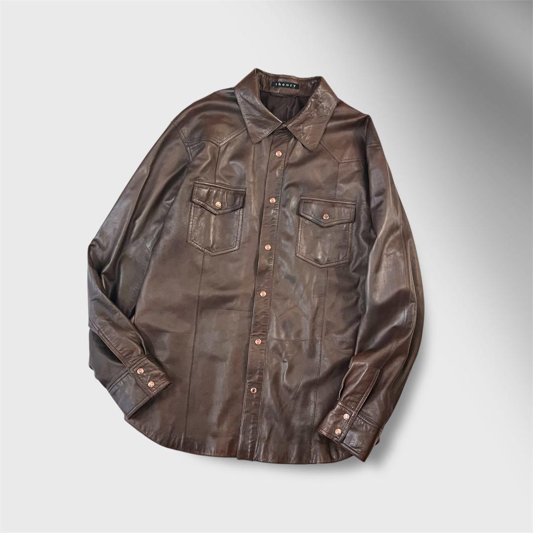 Theory シープスキン ウエスタンシャツ ダークブラウン 40 ラムレザー