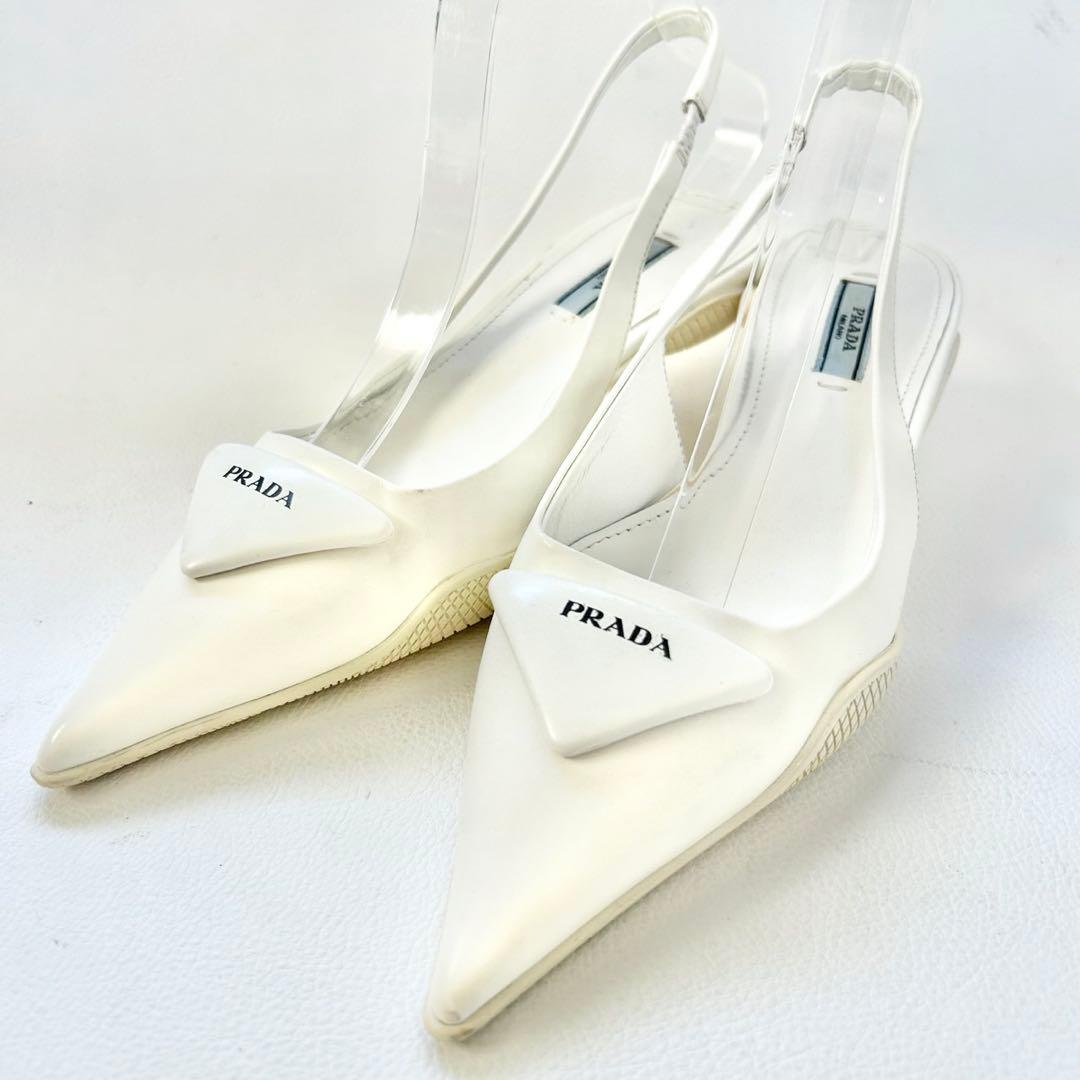プラダ PRADA スリングバック パンプス トライアングルロゴ ホワイト 36