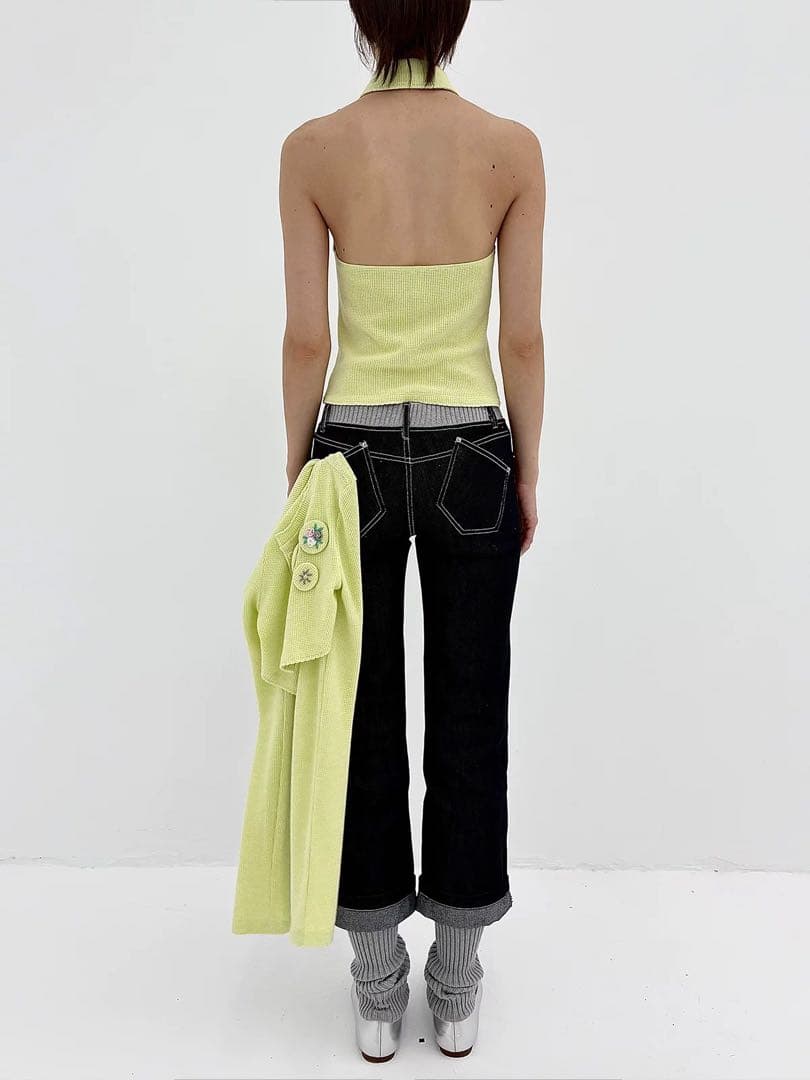 ダークデニム スキニーパンツ リブ裾付き スプライス 個性的 ローライズ