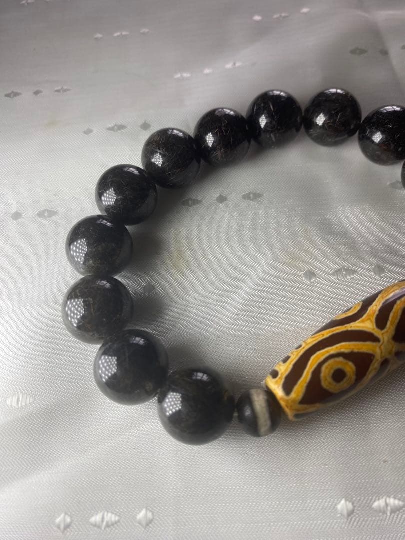 天然石　希少 六眼天珠 ブラックルチルクォーツ　ブレスレット　約14mm