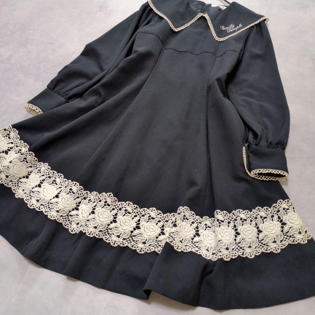 希少✨️ Emily Temple 花刺繍レースワンピース ビッグカラー 黒