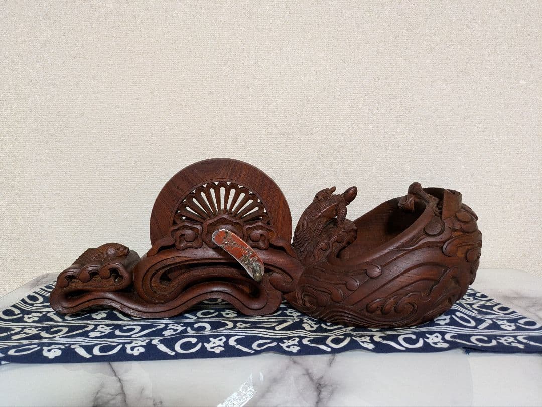 【美品】墨つぼ　 鶴・亀・鯉の彫刻　縁起物