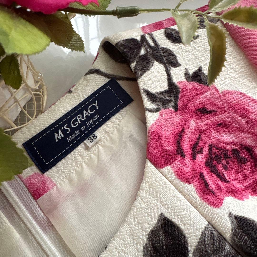 エムズグレイシー　袖ニットドッキングワンピース　ローズ柄ピンク系　38