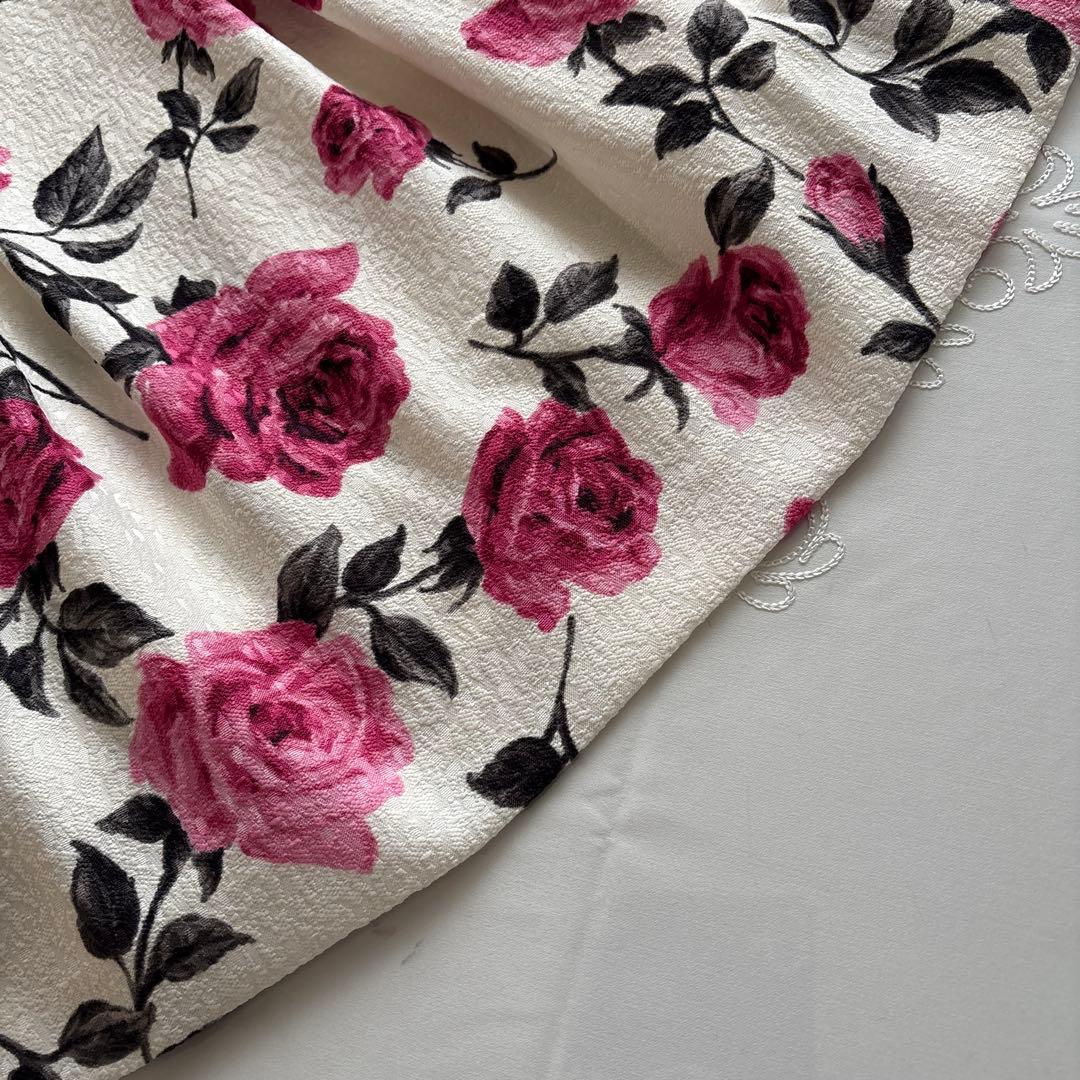 エムズグレイシー　袖ニットドッキングワンピース　ローズ柄ピンク系　38