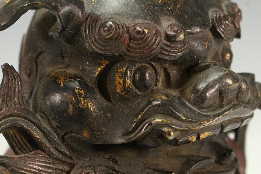 色絵銅 親子獅子 置物 24.5cmx14cm 時代物(K-XA771)