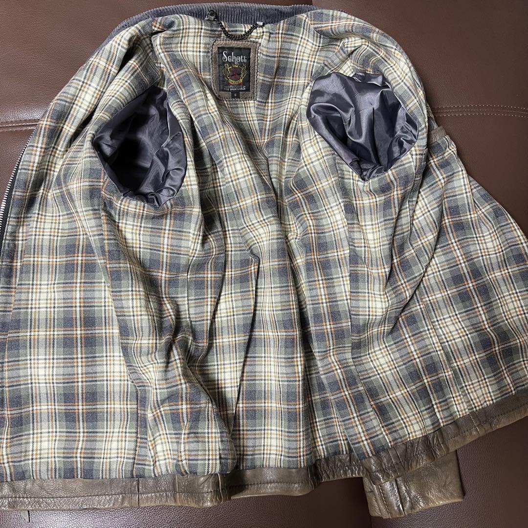 Schottクラッシックレーサー　シングルライダース　カーキ　袖白2本線　牛革S