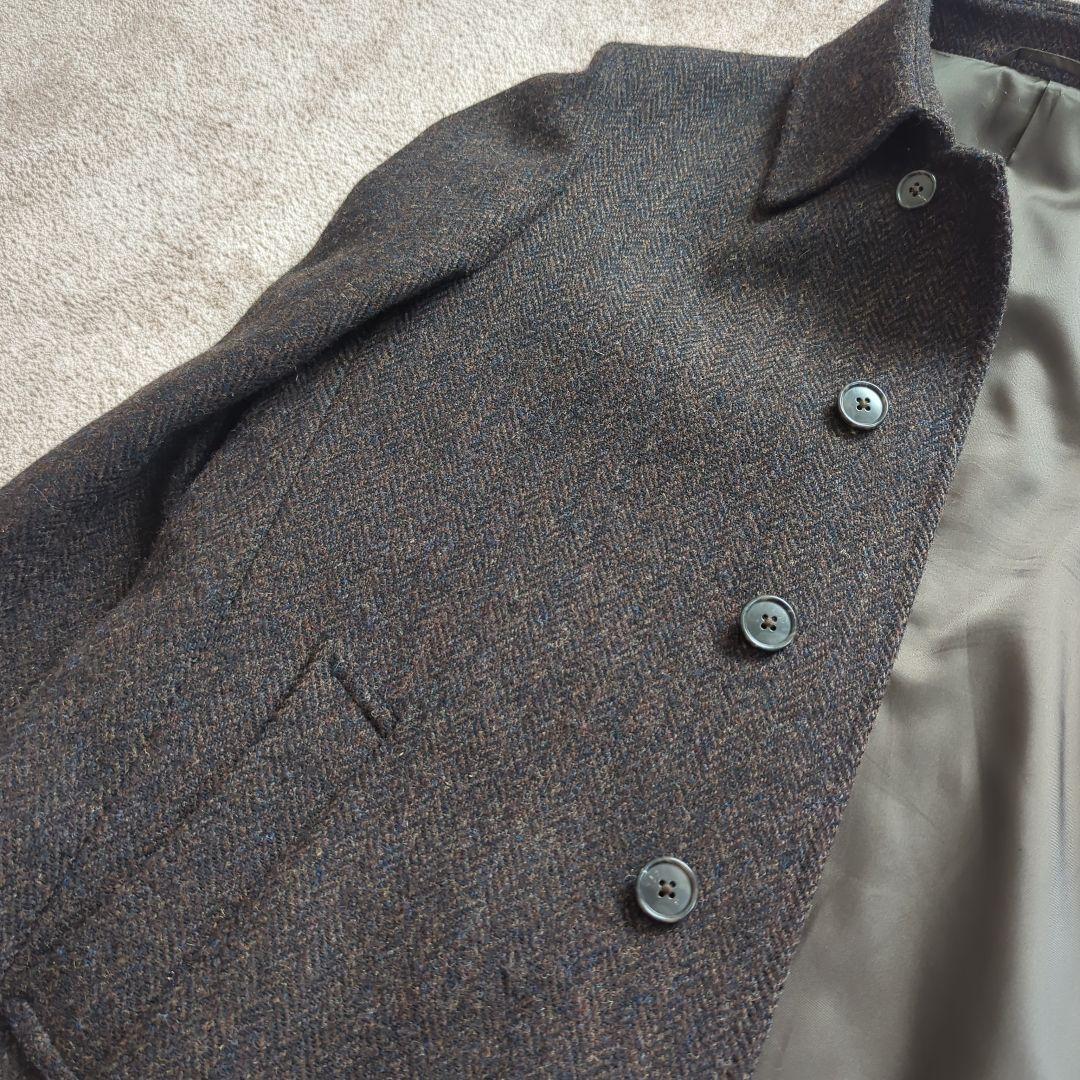美品TeijinMen'sShopGinzaハリスツイードブラウンウールコートL