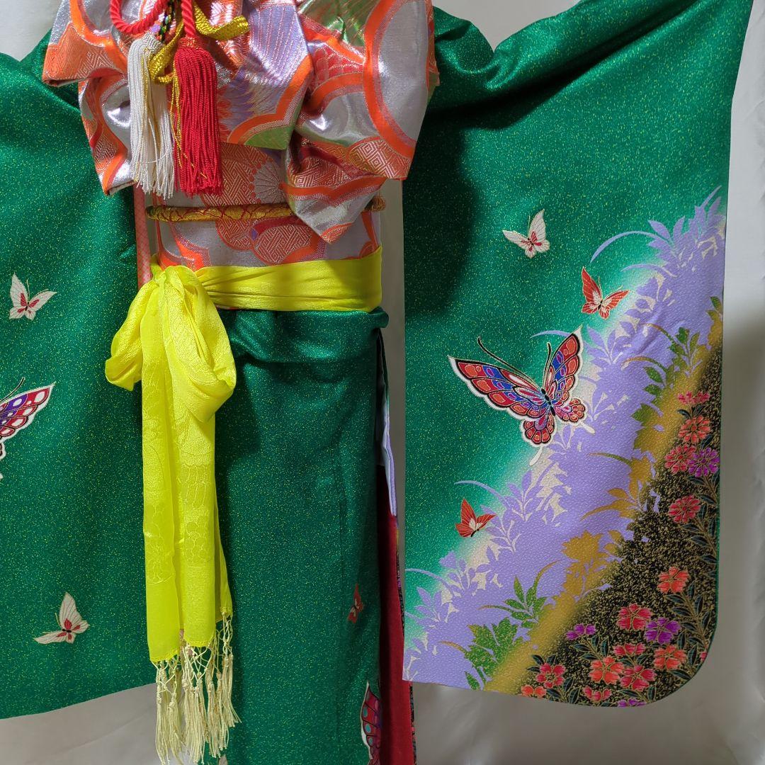 七五三７歳用 緑色着物 金通し　勝山かんざしセット付き