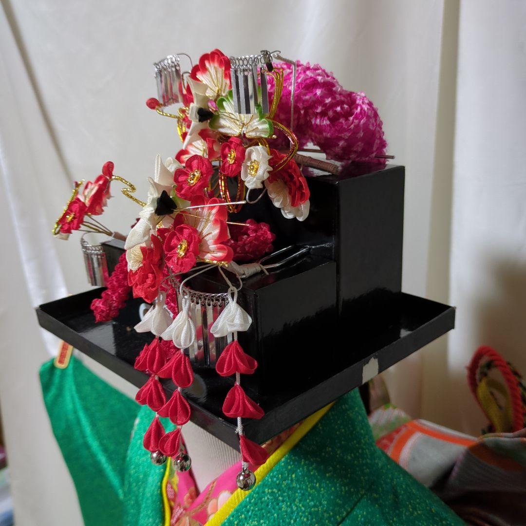 七五三７歳用 緑色着物 金通し　勝山かんざしセット付き