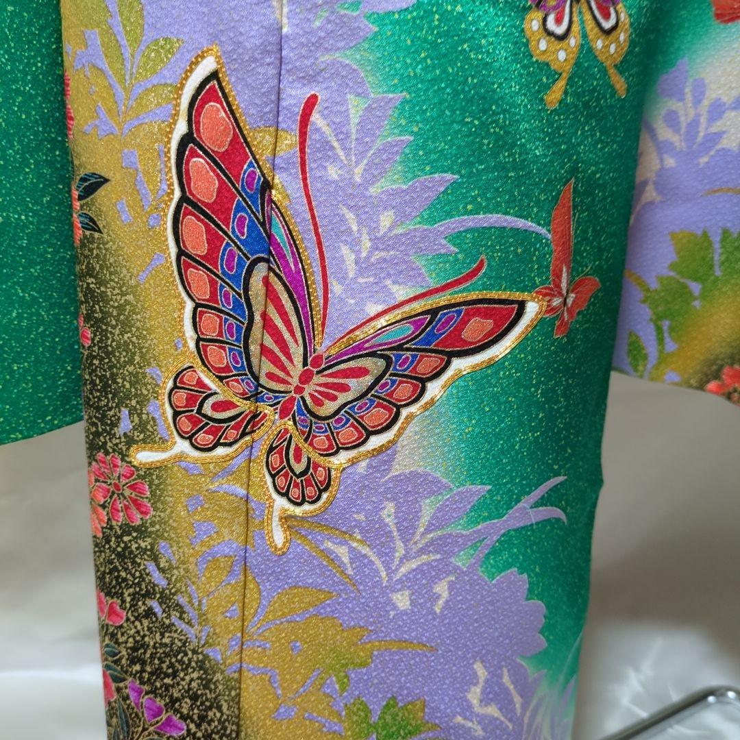 七五三７歳用 緑色着物 金通し　勝山かんざしセット付き