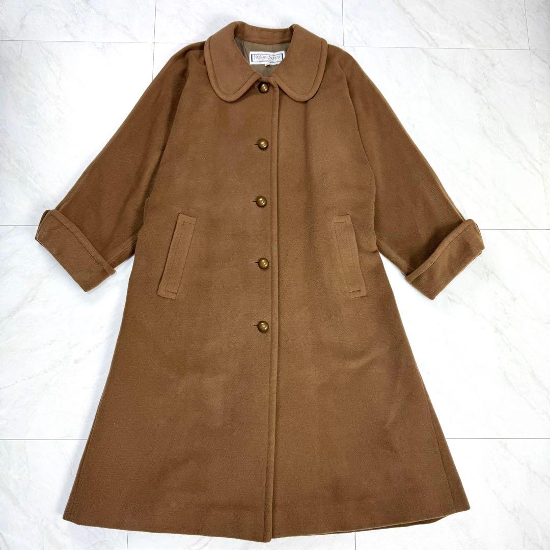 美品 イヴサンローラン 丸襟 ウール ロングコート ブラウン M