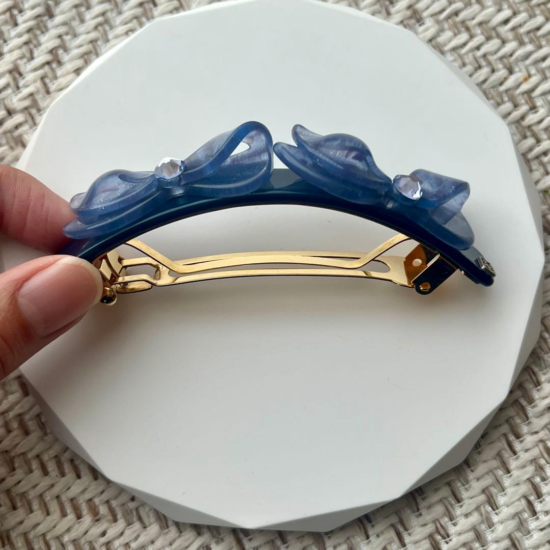 【新品未使用】alexandre de paris リボン　バレッタ　ネイビー